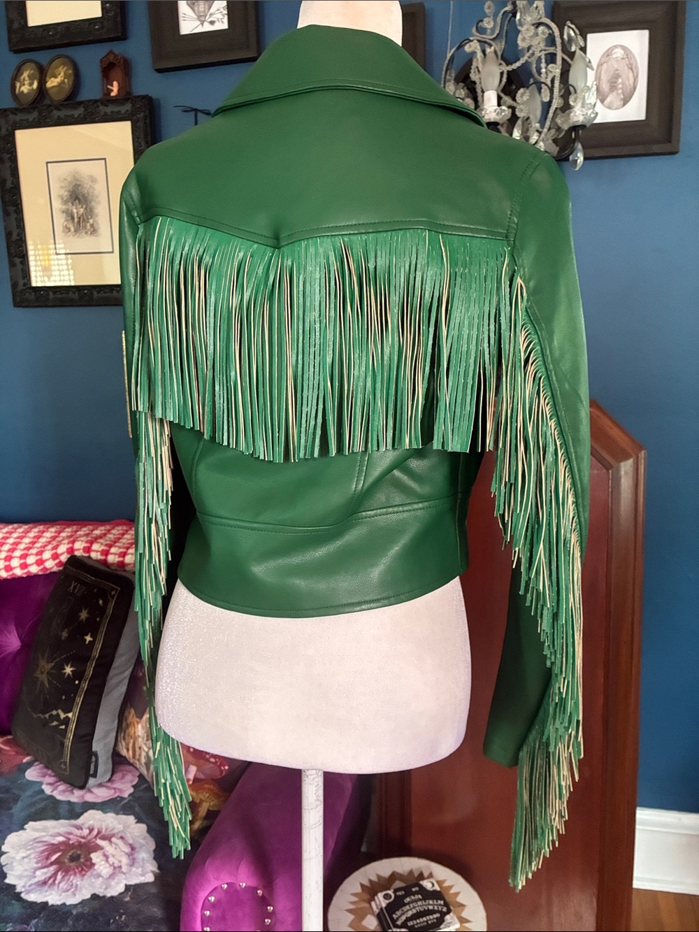 Nasty Gal Emerald Green Leather Fringe Biker Moto Jacket MEDIUM